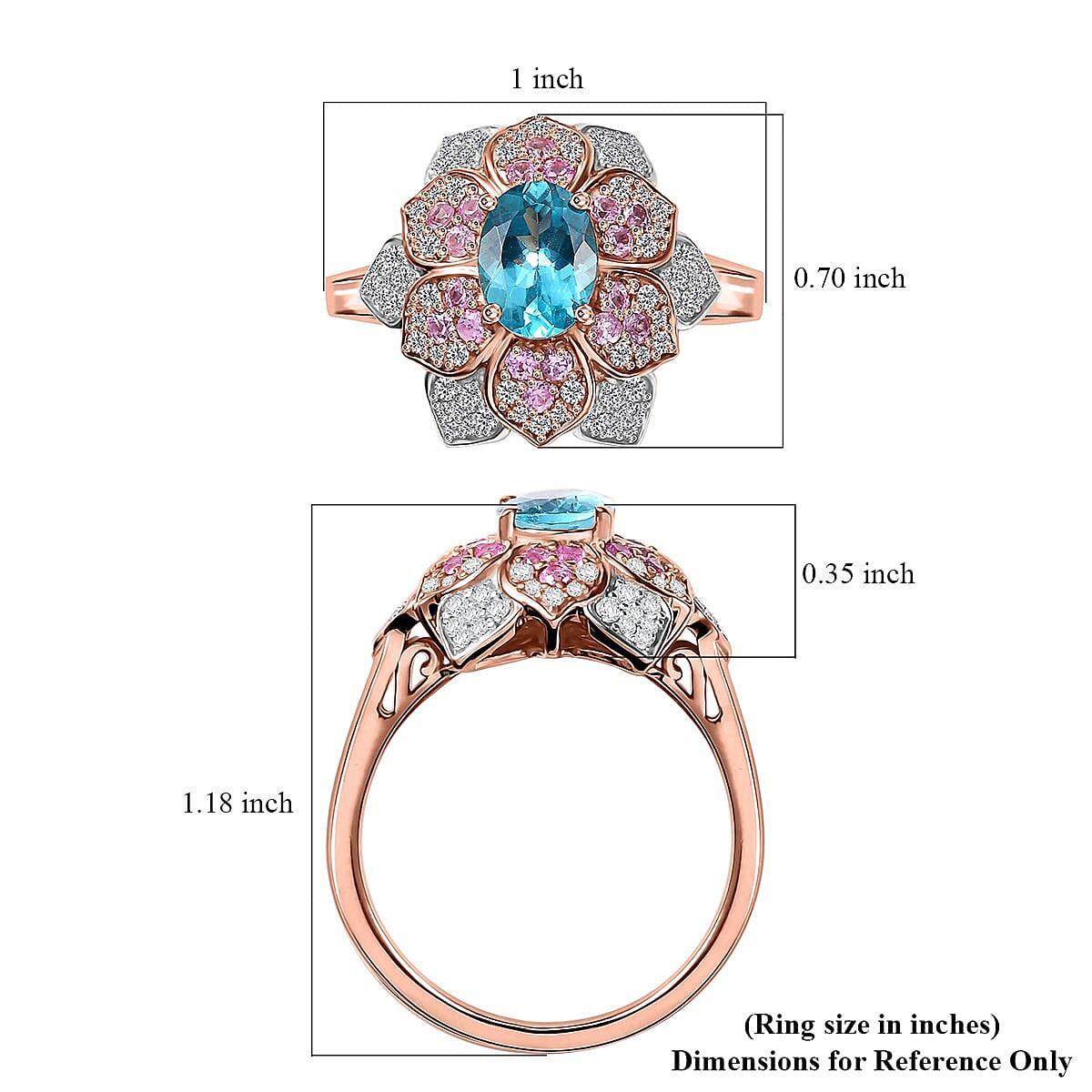 GP Italian Garden Collection Betroka Blue Apatite and Multi Gemstone 2.75 ctw Flower Ring in 18K Vermeil Rose Gold Over Sterling Silver (Size 10.0)