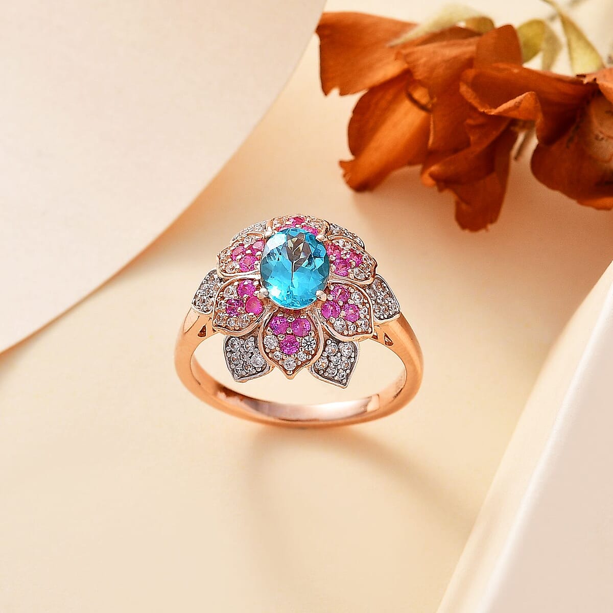 GP Italian Garden Collection Betroka Blue Apatite and Multi Gemstone 2.75 ctw Flower Ring in 18K Vermeil Rose Gold Over Sterling Silver (Size 5.0) image number 1