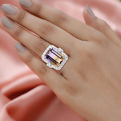 Bi-Color Ametrine and Moissanite 12.70 ctw Art Deco Ring in Sterling Silver (Size 10.0)