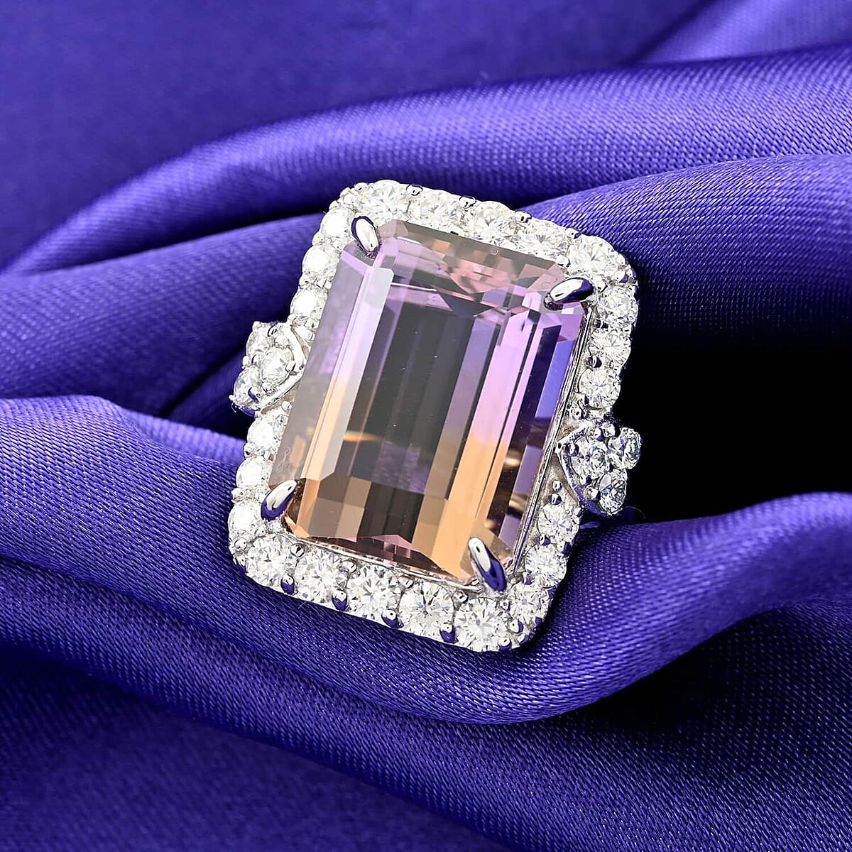 Bi-Color Ametrine and Moissanite 12.70 ctw Art Deco Ring in Sterling Silver (Size 9.0) image number 1