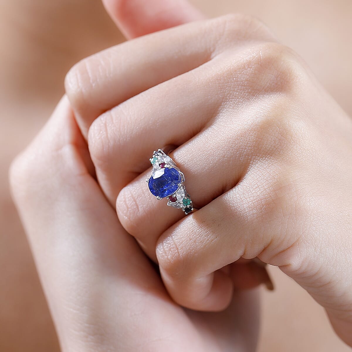 Kashmir Kyanite and Multi Gemstone 3.00 ctw Ring in Rhodium Over Sterling Silver (Size 5.0) image number 2