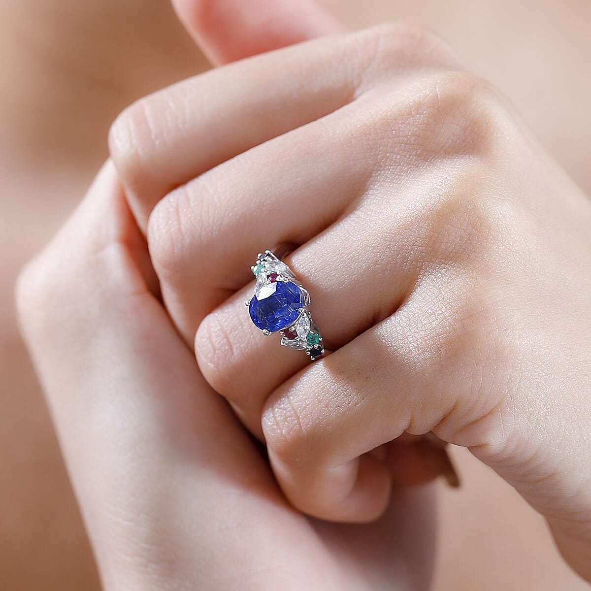Kashmir Kyanite and Multi Gemstone 3.00 ctw Ring in Rhodium Over Sterling Silver (Size 6.0) image number 2