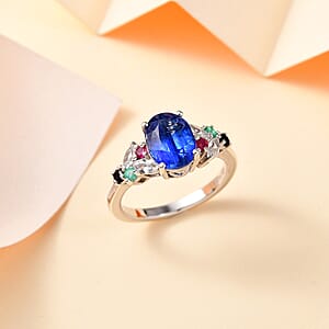 D'Joy Kashmir Kyanite and Multi Gemstone 3.00 ctw Ring in Rhodium Over Sterling Silver (Size 8.0)