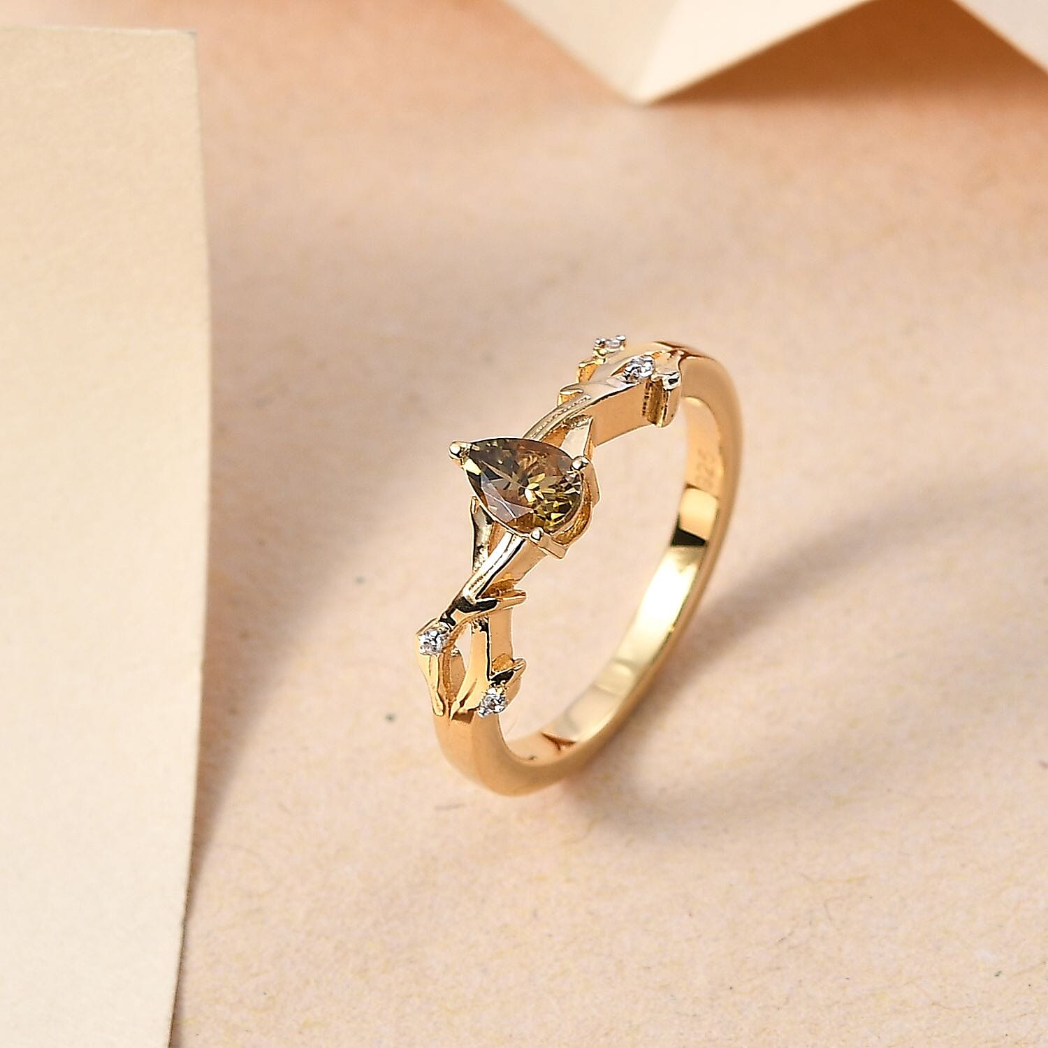 Natural Golden Tanzanite and White Zircon 0.50 ctw Ring in 14K YG Over Sterling Silver (Size 11.5)