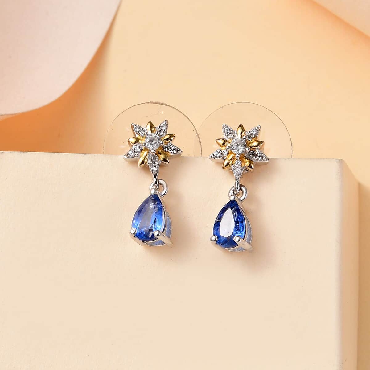 Kashmir Kyanite and White Zircon 1.20 ctw Drop Earrings in Vermeil YG and Rhodium Over Sterling Silver image number 1