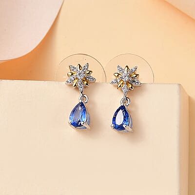 D'Joy Kashmir Kyanite and White Zircon 1.20 ctw Drop Earrings in Vermeil YG and Rhodium Over Sterling Silver