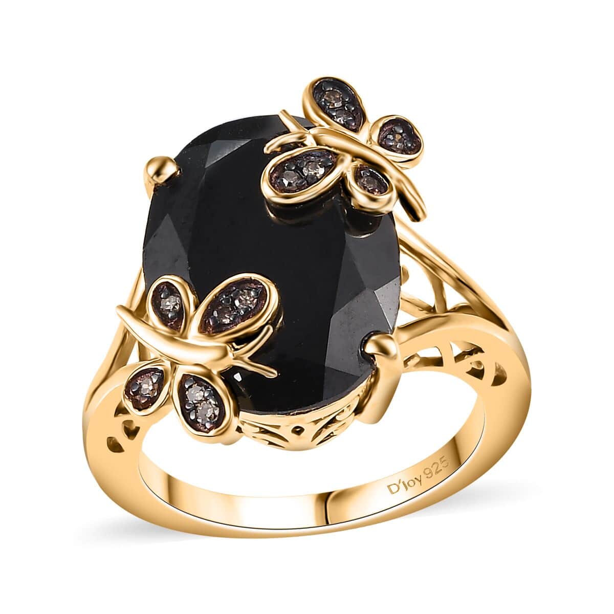 Thai Black Spinel and Natural Champagne Diamond 11.10 ctw Butterfly Ring in 18K Vermeil Yellow Gold Over Sterling Silver (Size 10.0)  image number 0