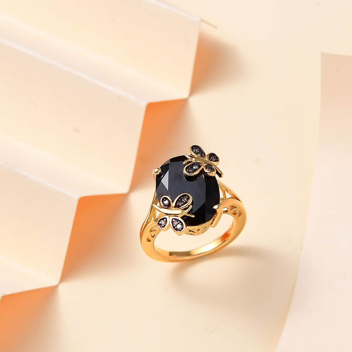 Thai Black Spinel and Natural Champagne Diamond 11.10 ctw Butterfly Ring in 18K Vermeil Yellow Gold Over Sterling Silver (Size 10.0)  image number 1