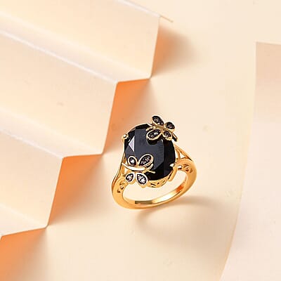 Thai Black Spinel and Natural Champagne Diamond 11.10 ctw Butterfly Ring in 18K Vermeil Yellow Gold Over Sterling Silver (Size 10.0) 