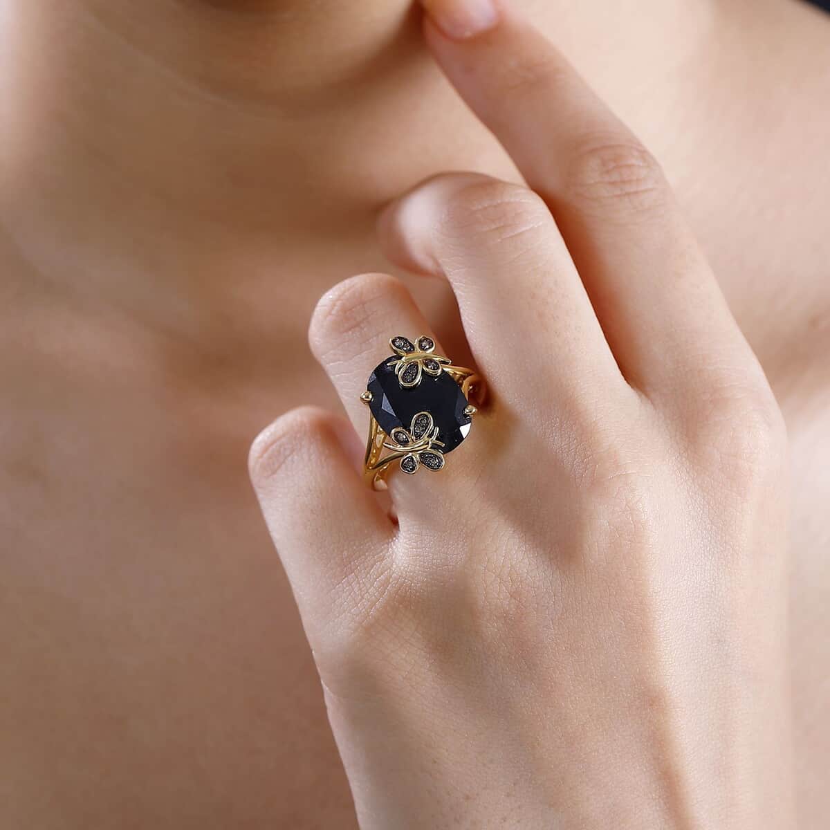 Thai Black Spinel and Natural Champagne Diamond 11.10 ctw Butterfly Ring in 18K Vermeil Yellow Gold Over Sterling Silver (Size 10.0)  image number 2