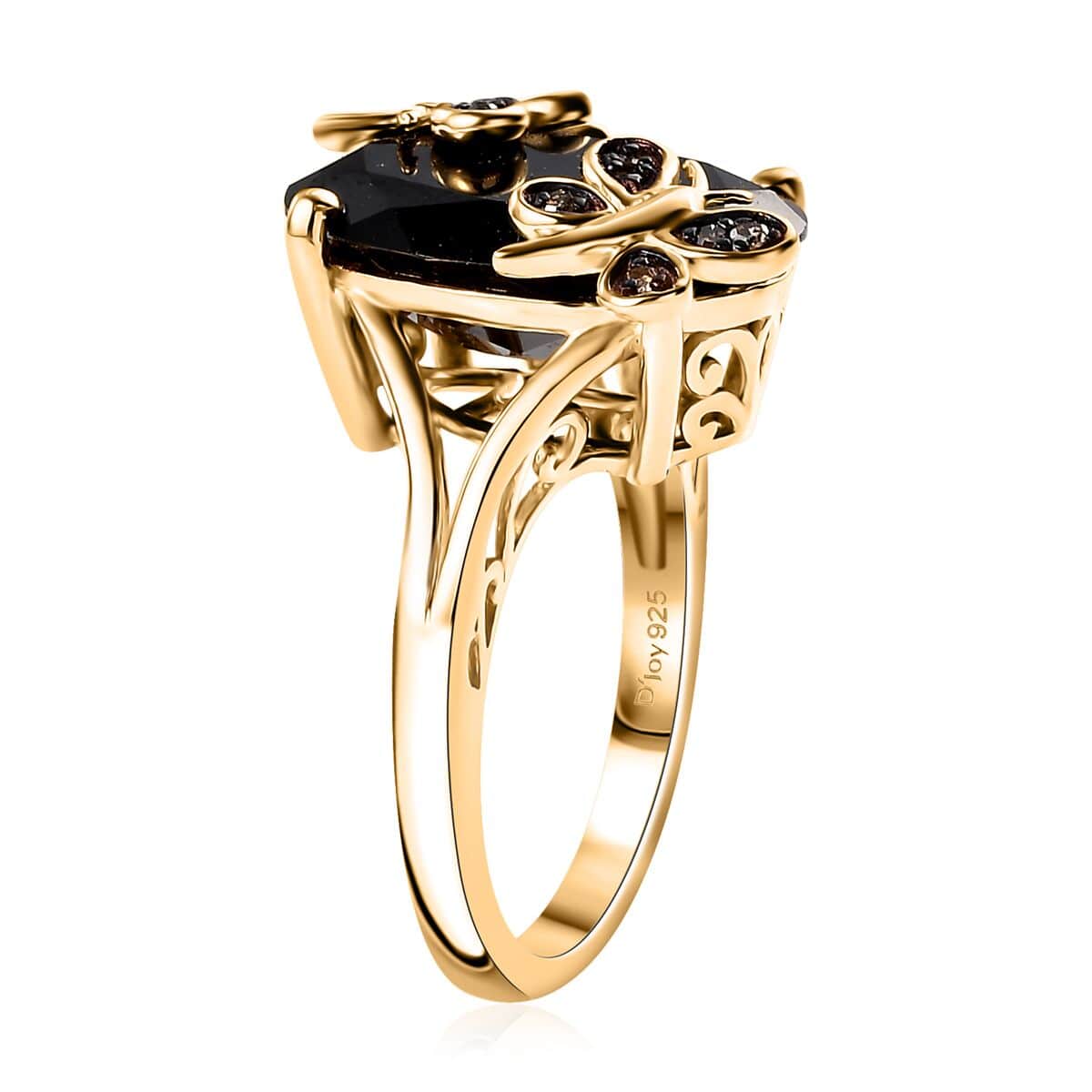 Thai Black Spinel and Natural Champagne Diamond 11.10 ctw Butterfly Ring in 18K Vermeil Yellow Gold Over Sterling Silver (Size 10.0)  image number 3