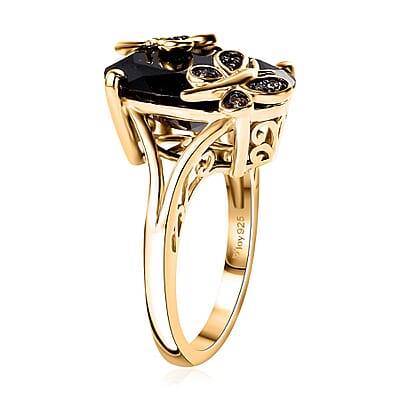 Thai Black Spinel and Natural Champagne Diamond 11.10 ctw Butterfly Ring in 18K Vermeil Yellow Gold Over Sterling Silver (Size 10.0) 
