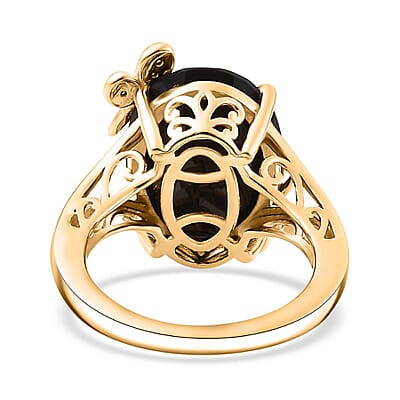Thai Black Spinel and Natural Champagne Diamond 11.10 ctw Butterfly Ring in 18K Vermeil Yellow Gold Over Sterling Silver (Size 10.0) 