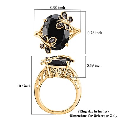 Thai Black Spinel and Natural Champagne Diamond 11.10 ctw Butterfly Ring in 18K Vermeil Yellow Gold Over Sterling Silver (Size 10.0) 