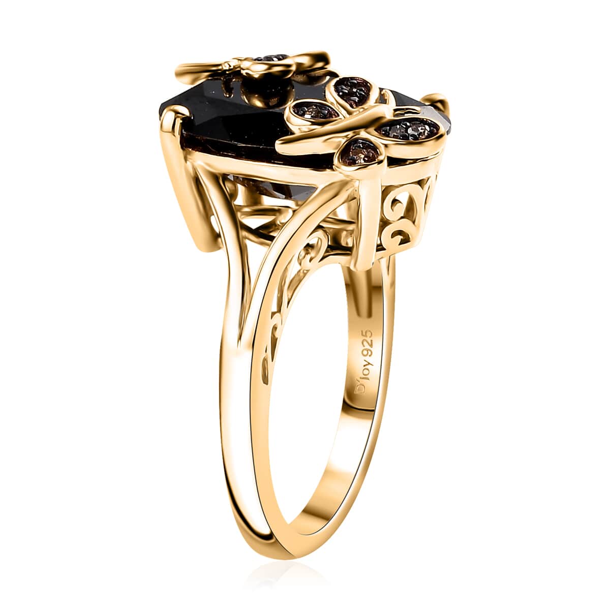 Thai Black Spinel and Natural Champagne Diamond 11.10 ctw Butterfly Ring in 18K Vermeil Yellow Gold Over Sterling Silver (Size 6.0)  image number 3