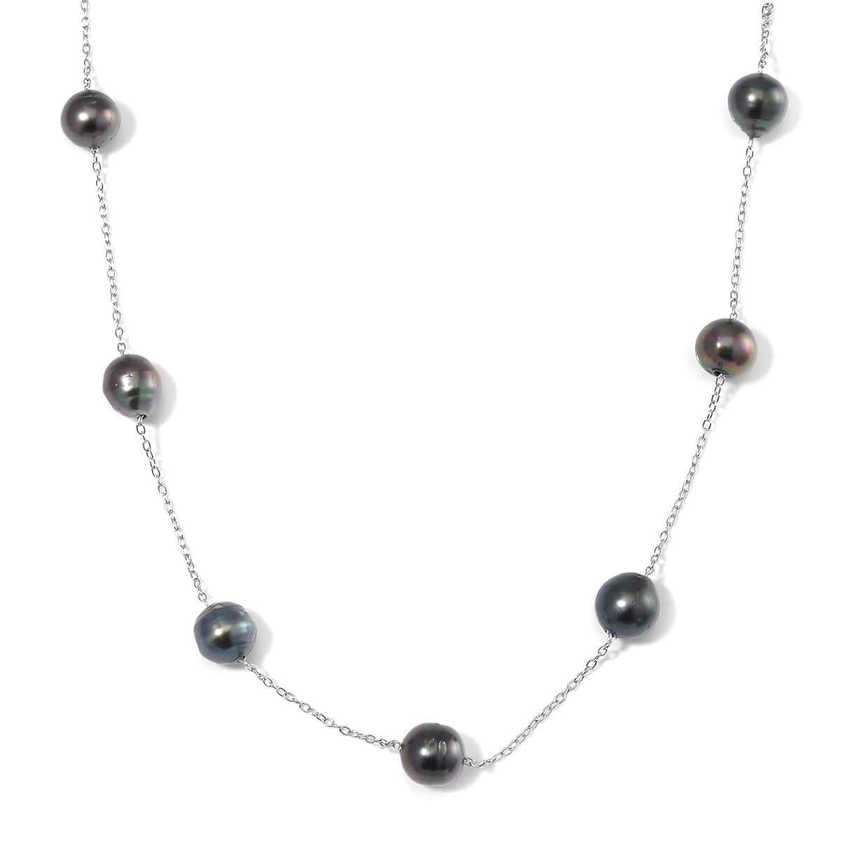 Baroque Shape Tahitian Pearl Station Necklace in Rhodium Over Sterling Silver 20 Inches image number 0