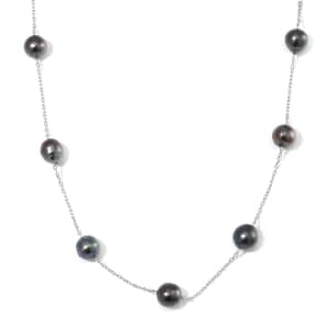 Baroque Shape Tahitian Pearl Station Necklace in Rhodium Over Sterling Silver 20 Inches