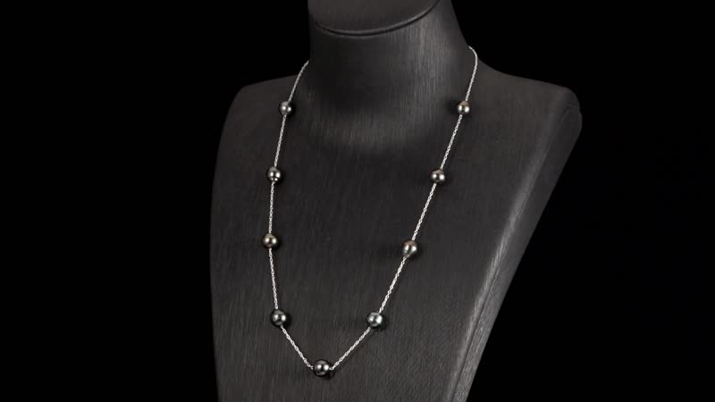 Tahitian Pearl 8-9mm Station Necklace (20 Inches) in Rhodium Over Sterling Silver