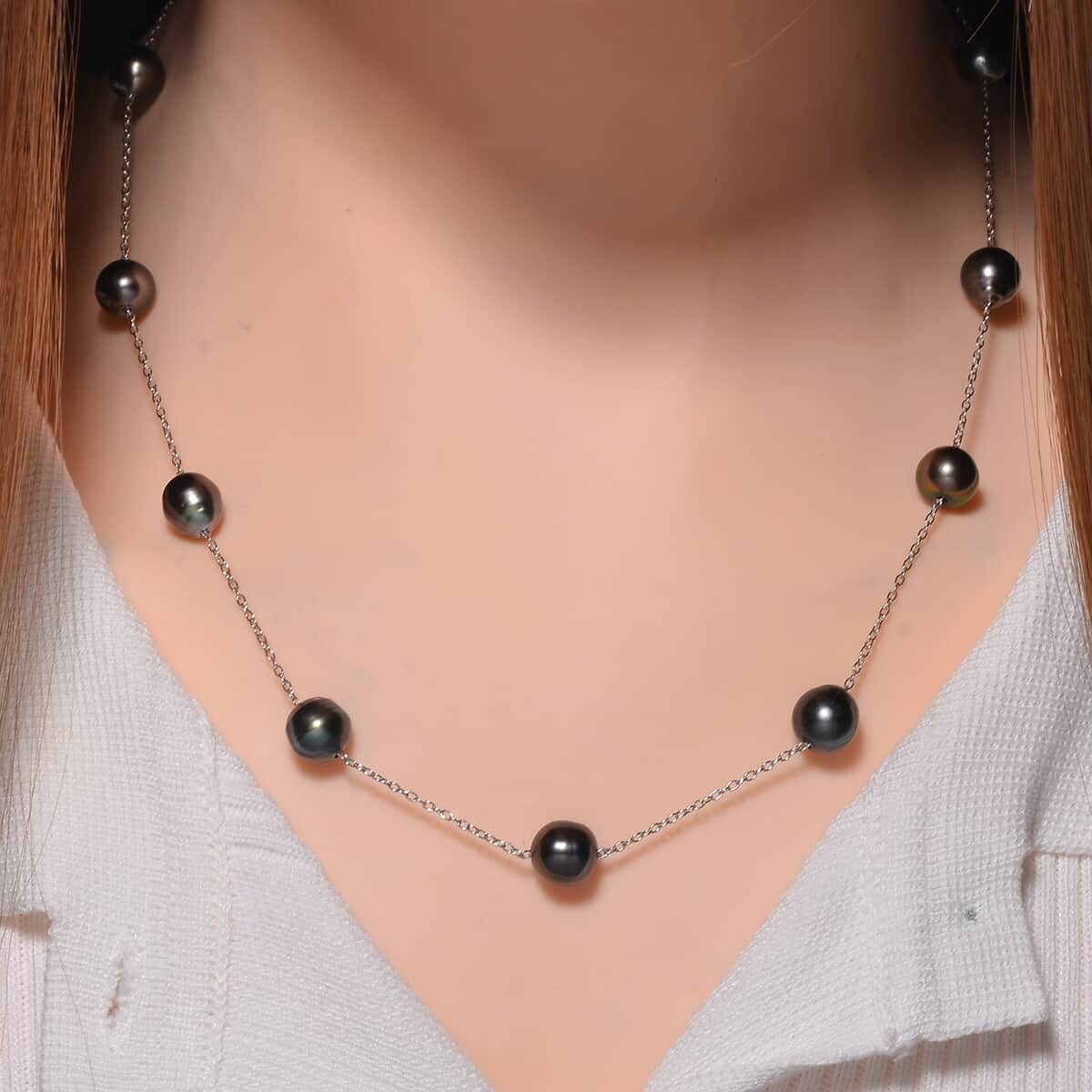 Tahitian Pearl 8-9mm Station Necklace (20 Inches) in Rhodium Over Sterling Silver image number 1