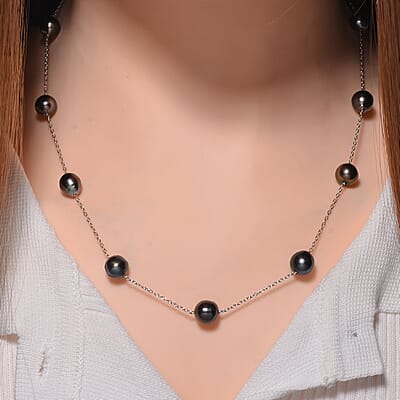 Baroque Shape Tahitian Pearl Station Necklace in Rhodium Over Sterling Silver 20 Inches