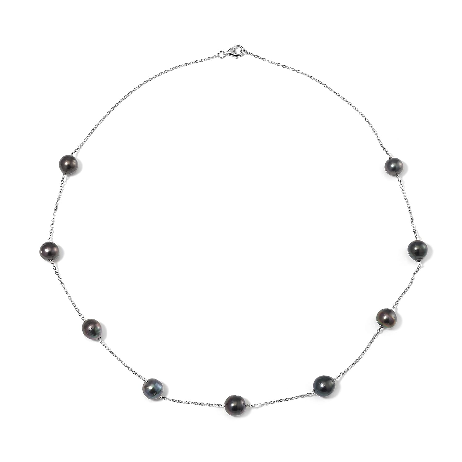 Baroque Shape Tahitian Pearl Station Necklace in Rhodium Over Sterling Silver 20 Inches