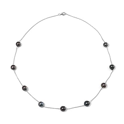 Baroque Shape Tahitian Pearl Station Necklace in Rhodium Over Sterling Silver 20 Inches