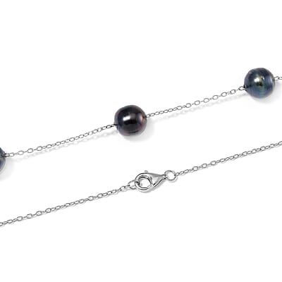Baroque Shape Tahitian Pearl Station Necklace in Rhodium Over Sterling Silver 20 Inches