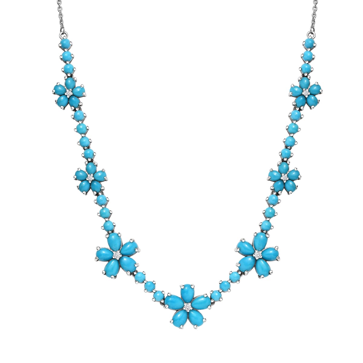 Sleeping Beauty Turquoise and Moissanite 13.85 ctw Floral Necklace in Rhodium Over Sterling Silver 18 Inches image number 0