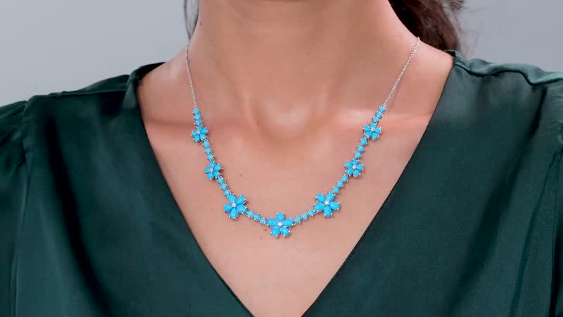 D'Joy Sleeping Beauty Turquoise and Moissanite 13.85 ctw Floral Necklace in Rhodium Over Sterling Silver 18 Inches