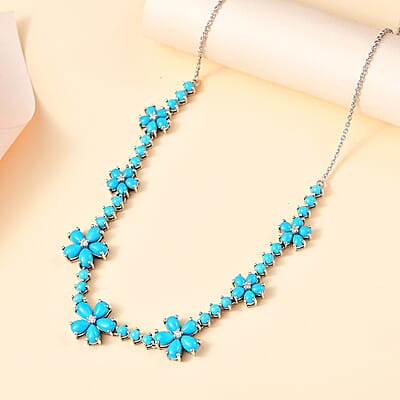 D'Joy Sleeping Beauty Turquoise and Moissanite 13.85 ctw Floral Necklace in Rhodium Over Sterling Silver 18 Inches