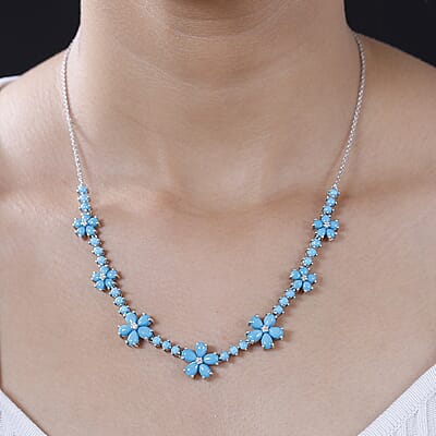 D'Joy Sleeping Beauty Turquoise and Moissanite 13.85 ctw Floral Necklace in Rhodium Over Sterling Silver 18 Inches