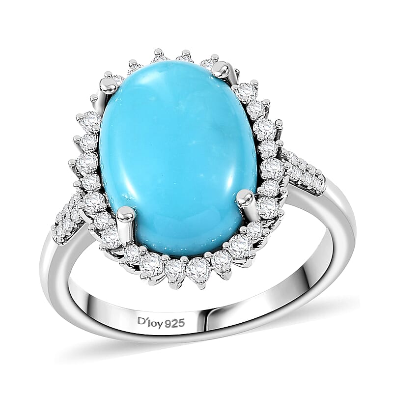 Sleeping Beauty Turquoise and Moissanite 5.50 ctw Sunburst Ring in Rhodium Over Sterling Silver (Size 10.0)