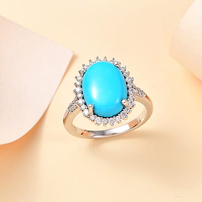 Sleeping Beauty Turquoise and Moissanite 5.50 ctw Sunburst Ring in Rhodium Over Sterling Silver (Size 10.0)