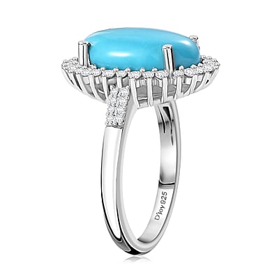 Sleeping Beauty Turquoise and Moissanite 5.50 ctw Sunburst Ring in Rhodium Over Sterling Silver (Size 10.0)