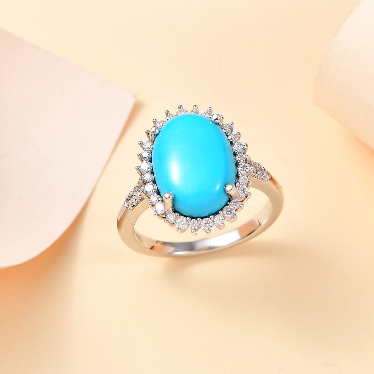 Sleeping Beauty Turquoise and Moissanite 5.50 ctw Sunburst Ring in Rhodium Over Sterling Silver (Size 6.0) image number 1