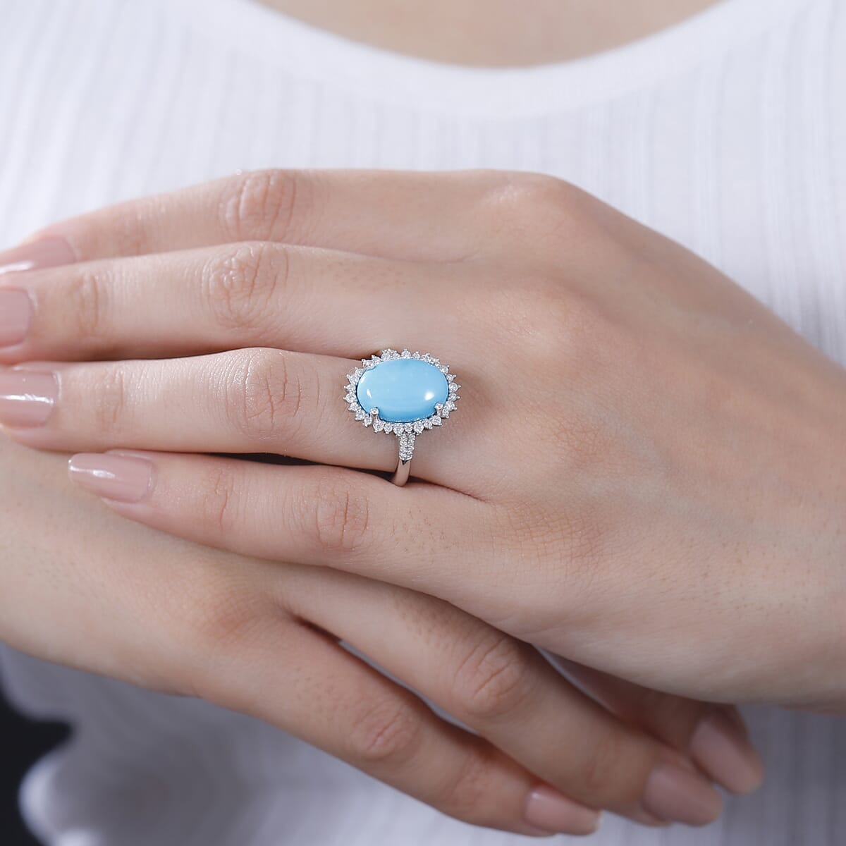 Sleeping Beauty Turquoise and Moissanite 5.50 ctw Sunburst Ring in Rhodium Over Sterling Silver (Size 6.0) image number 2