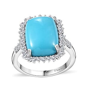 Sleeping Beauty Turquoise and Moissanite 5.85 ctw Sunburst Ring in Rhodium Over Sterling Silver (Size 10.0)