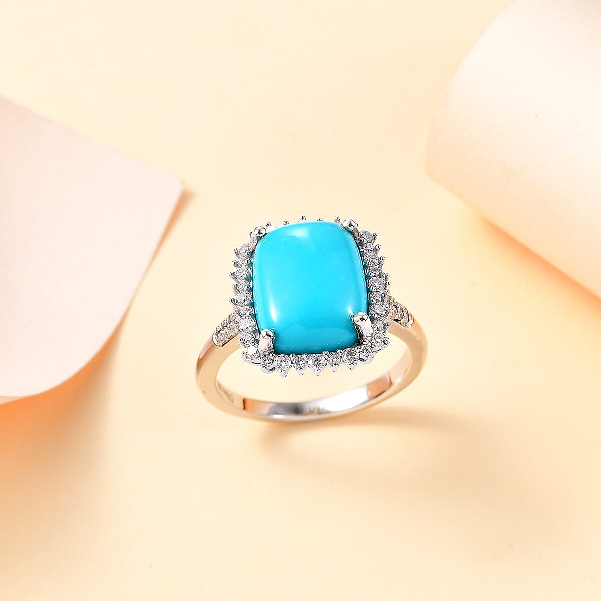 Sleeping Beauty Turquoise and Moissanite 5.85 ctw Sunburst Ring in Rhodium Over Sterling Silver (Size 10.0) image number 1