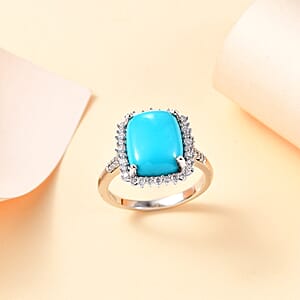 Sleeping Beauty Turquoise and Moissanite 5.85 ctw Sunburst Ring in Rhodium Over Sterling Silver (Size 10.0)