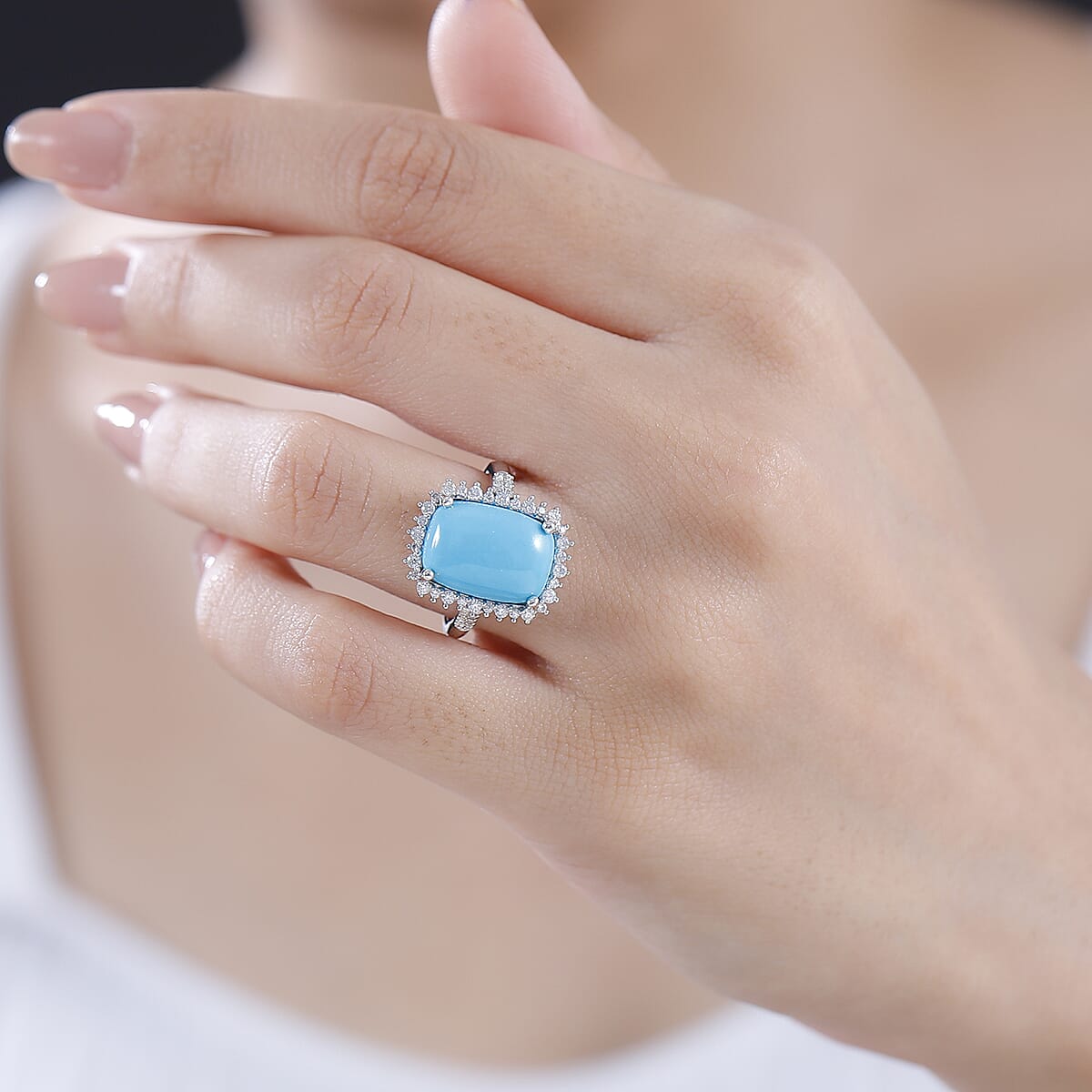 Sleeping Beauty Turquoise and Moissanite 5.85 ctw Sunburst Ring in Rhodium Over Sterling Silver (Size 10.0) image number 2
