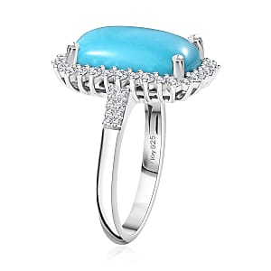 Sleeping Beauty Turquoise and Moissanite 5.85 ctw Sunburst Ring in Rhodium Over Sterling Silver (Size 10.0)