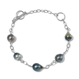 Baroque Shape Tahitian Pearl Station Bracelet in Rhodium Over Sterling Silver (8.00 In)