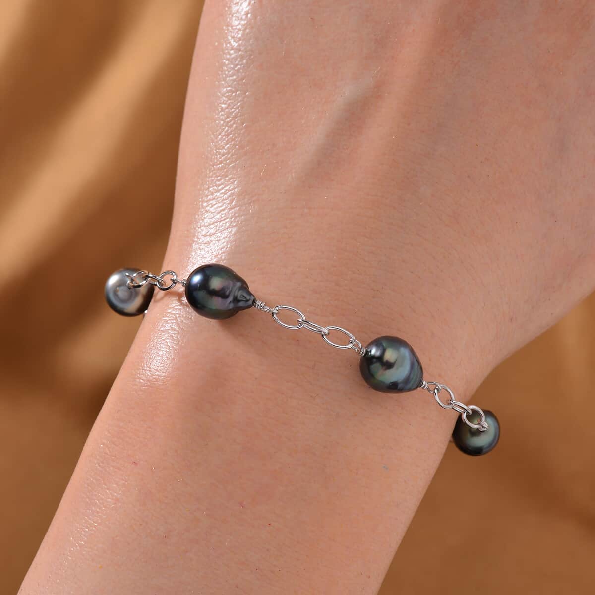 Baroque Shape Tahitian Pearl Station Bracelet in Rhodium Over Sterling Silver (8.00 In) image number 1