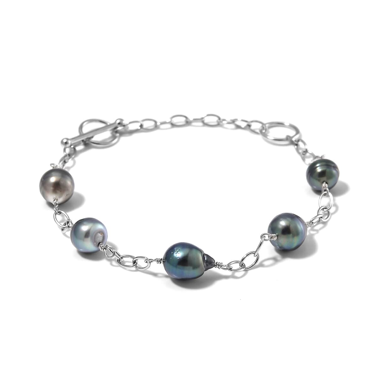 Baroque Shape Tahitian Pearl Station Bracelet in Rhodium Over Sterling Silver (8.00 In) image number 2