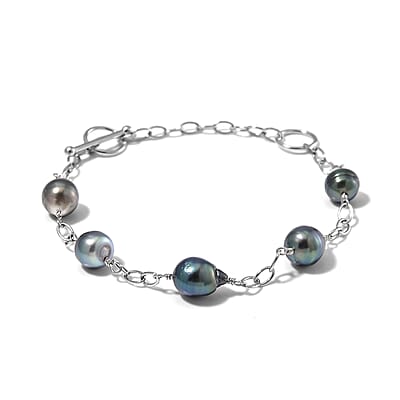 Baroque Shape Tahitian Pearl Station Bracelet in Rhodium Over Sterling Silver (8.00 In)