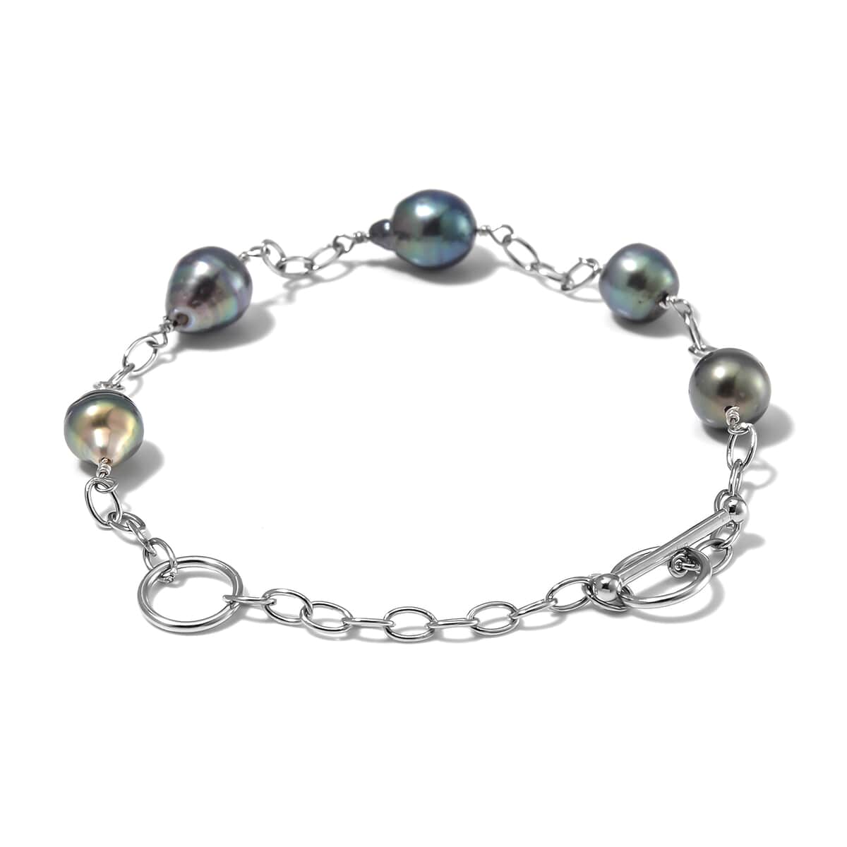 Baroque Shape Tahitian Pearl Station Bracelet in Rhodium Over Sterling Silver (8.00 In) image number 3