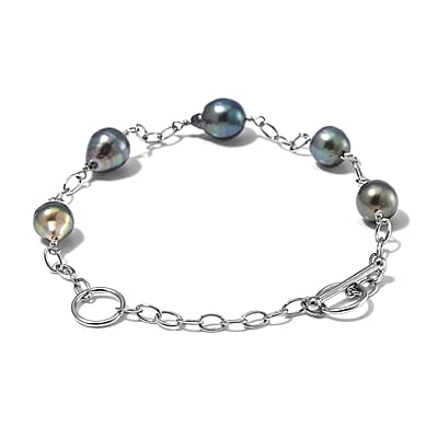 Baroque Shape Tahitian Pearl Station Bracelet in Rhodium Over Sterling Silver (8.00 In)