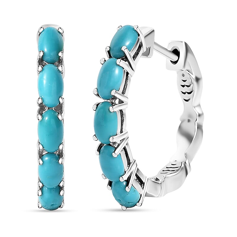 D'Joy Sleeping Beauty Turquoise 1.90 ctw Fish Hoop Earrings in Rhodium Over Sterling Silver