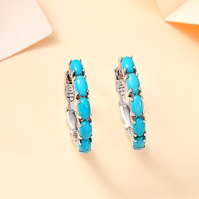 D'Joy Sleeping Beauty Turquoise 1.90 ctw Fish Hoop Earrings in Rhodium Over Sterling Silver