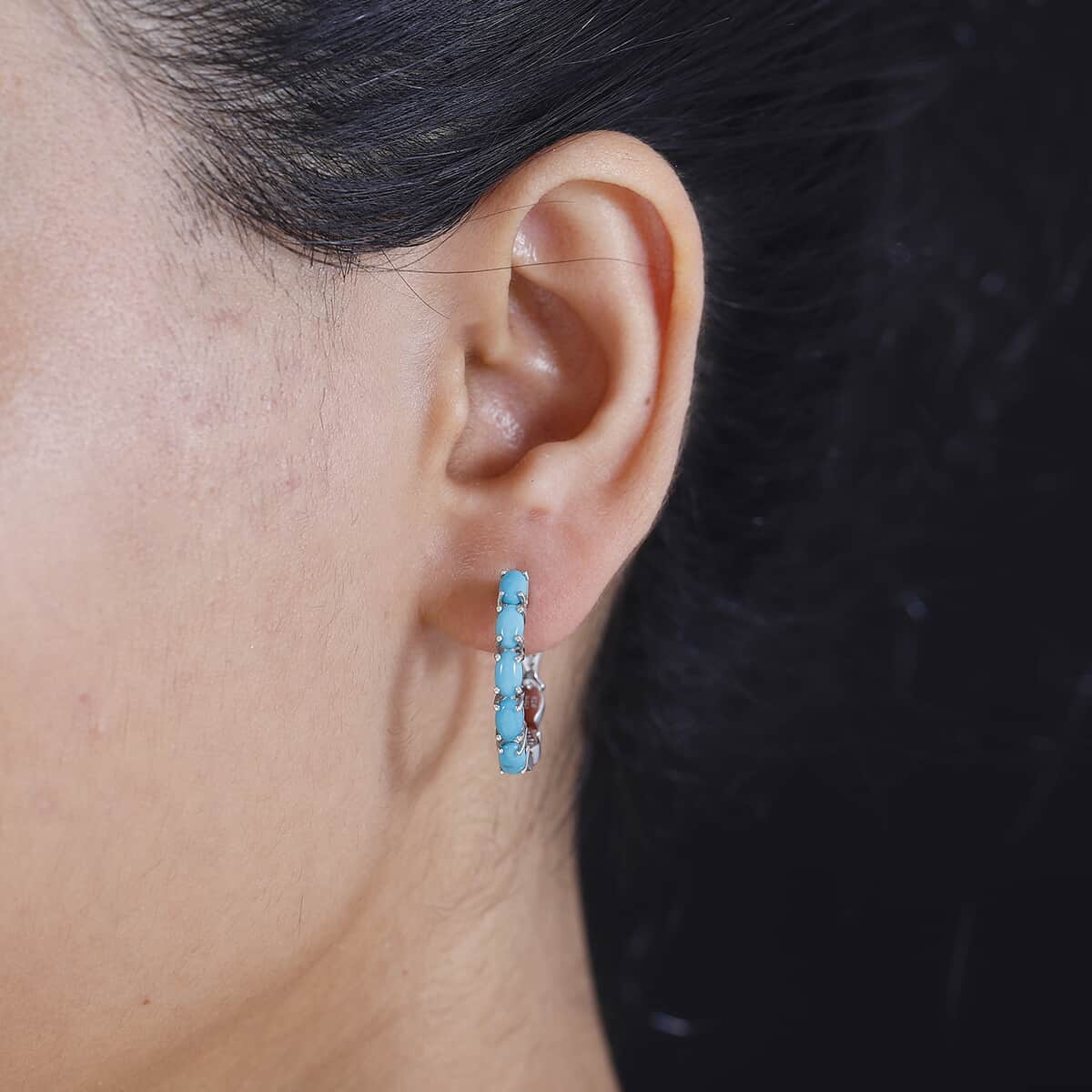 Sleeping Beauty Turquoise 1.90 ctw Fish Hoop Earrings in Rhodium Over Sterling Silver image number 2